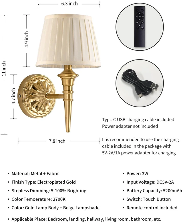 Alt view image 5 of 7 - Cordless Gold Wall Sconces Set of 2, Beige Fabric Lampshde Wall Lamps Small LED Wireless Portable Rechargeable Battery Lighting for Wall Painting, Living Room, Bedroom, Hallway, Gifts, Nightlight