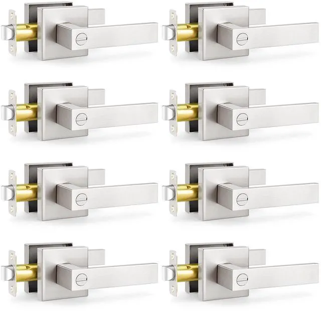 Main image of 8 Pack Door Knobs, Brushed Nickel Modern Square Door Handles with Lock for Bedroom/Bathroom, Door Hardware Reversible for Left & Right Handed Doors