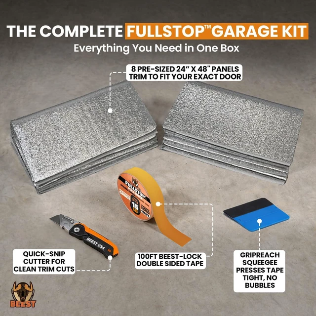 Alt view image 7 of 7 - FULLSTOP Garage Door Insulation Kit - 8x8 & 8x7 ft Single Garage Door Insulation Panels - 8 Pre-Cut 24x48 Foam-Core Panels w/ Tape, Cutter & Squeegee - Improve Garage Comfort Year-Round
