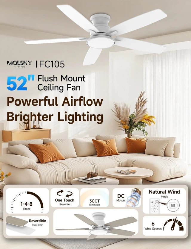 Alt view image 2 of 7 - Flush Mount Ceiling Fan with Light, 52 Inch, Remote Control, 3CCT Dimmable LED, 6-Speed Silent Reversible DC Motor, Low Profile Hugger Ceiling Fan for Indoor/Outdoor 90-264V 50/60Hz Fresh White