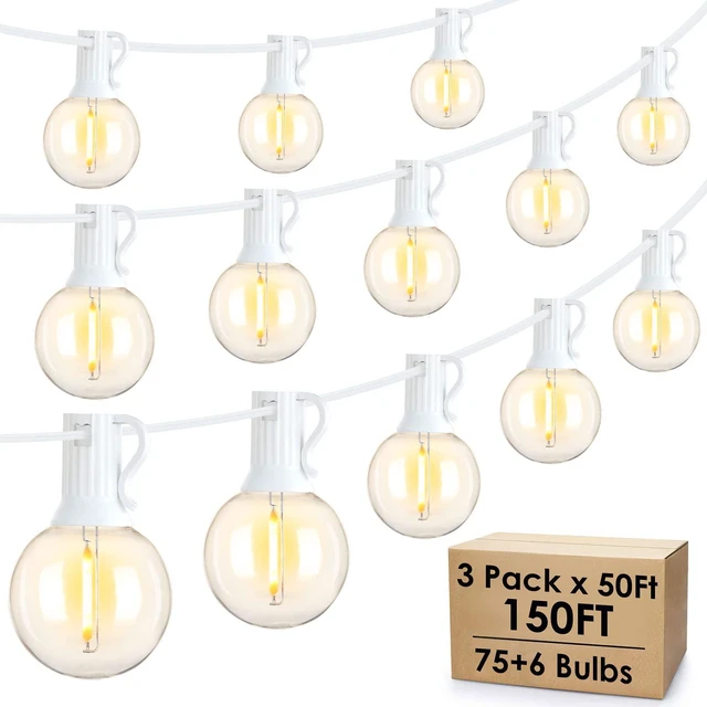 Main image of 150Ft(3x50Ft) Outdoor String Lights, Connectable G40 Globe Patio Lights Connectable with 75+6 LED Plastic Bulbs for Outside Backyard Wedding-White Wire