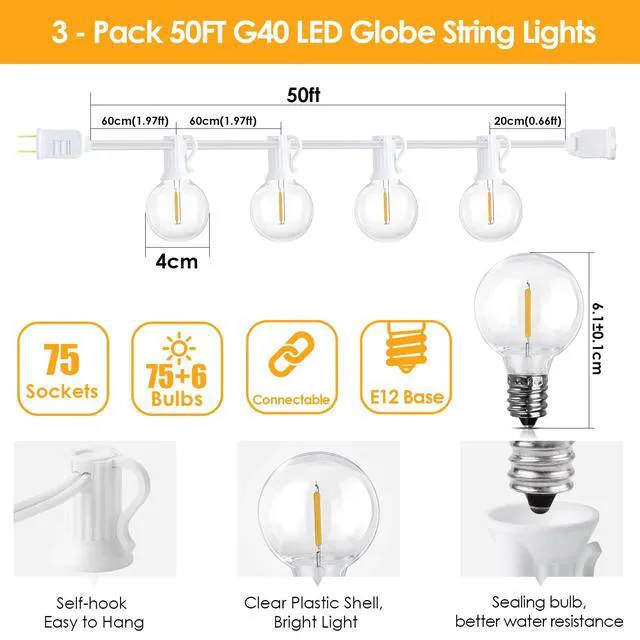 Alt view image 4 of 5 - 150Ft(3x50Ft) Outdoor String Lights, Connectable G40 Globe Patio Lights Connectable with 75+6 LED Plastic Bulbs for Outside Backyard Wedding-White Wire