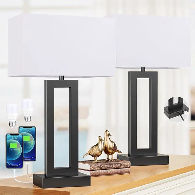 Main image of 22" Tall Living Room Lamps for Night Stands - Touch Bedside Lamp with USB C+A, 3 Way Dimmable Bedroom Lamps for End Tables Set of 2, Modern Night Stand Lamps for Bed Side(White&Black)
