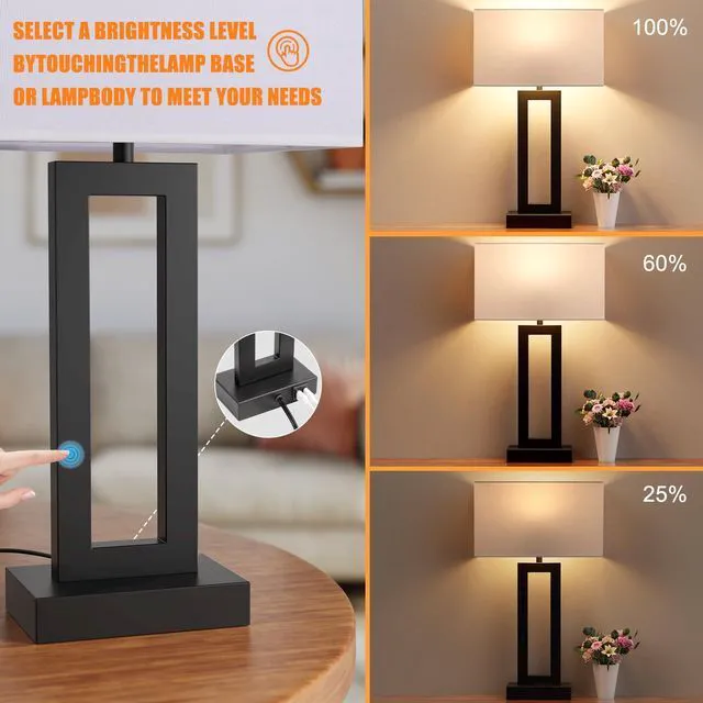 Alt view image 3 of 7 - 22" Tall Living Room Lamps for Night Stands - Touch Bedside Lamp with USB C+A, 3 Way Dimmable Bedroom Lamps for End Tables Set of 2, Modern Night Stand Lamps for Bed Side(White&Black)