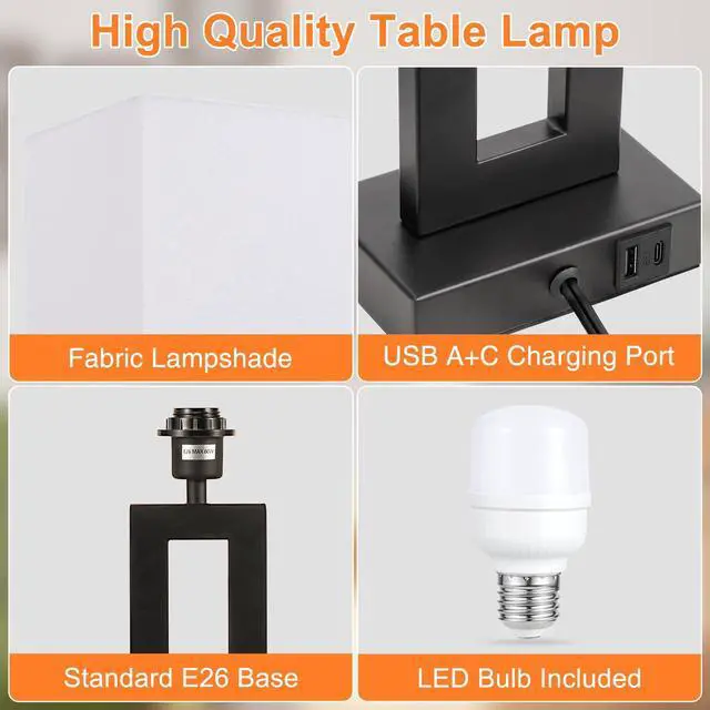 Alt view image 5 of 7 - 22" Tall Living Room Lamps for Night Stands - Touch Bedside Lamp with USB C+A, 3 Way Dimmable Bedroom Lamps for End Tables Set of 2, Modern Night Stand Lamps for Bed Side(White&Black)