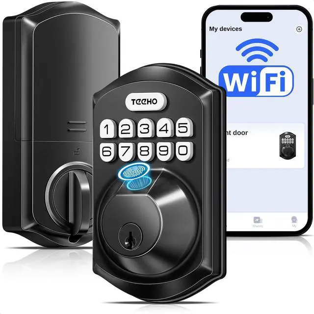 Main image of TE012W WiFi Fingerprint Smart Door Lock for Front Door, Matte Black App Remote Unlock, Fast Fingerprint, ANSI Grade 3 Security, IP55 Waterproof, Low Battery Alert, 2 Backup Keys, Easy Install