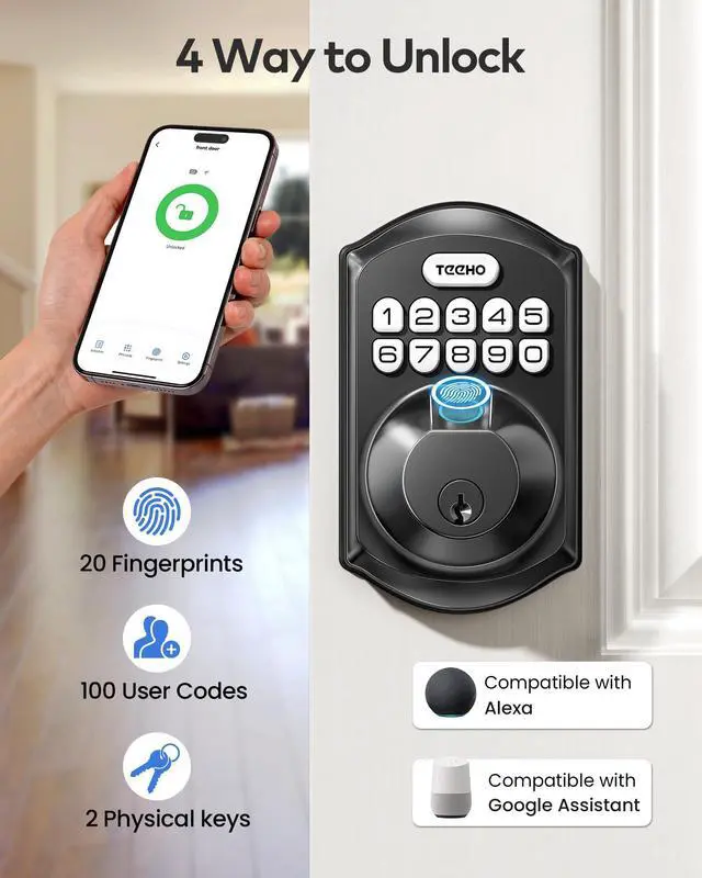 Alt view image 4 of 7 - TE012W WiFi Fingerprint Smart Door Lock for Front Door, Matte Black App Remote Unlock, Fast Fingerprint, ANSI Grade 3 Security, IP55 Waterproof, Low Battery Alert, 2 Backup Keys, Easy Install