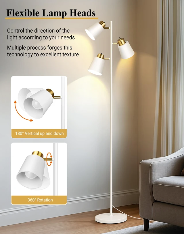 Alt view image 2 of 6 - Tree Floor Lamps for Living Room, 67" Modern Standing Lamp with 3 Lights 3 LED Bulbs Included, 3 Rotatable Light Heads, White Gold, Metal Material, 2700K Stand up Lamps, Tall Lamp for Bedroom Home