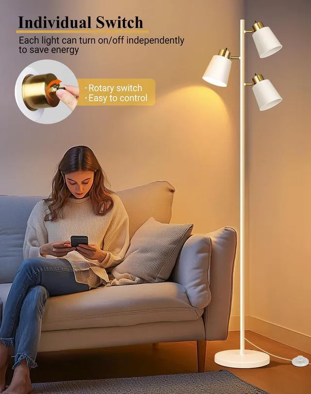 Alt view image 3 of 6 - Tree Floor Lamps for Living Room, 67" Modern Standing Lamp with 3 Lights 3 LED Bulbs Included, 3 Rotatable Light Heads, White Gold, Metal Material, 2700K Stand up Lamps, Tall Lamp for Bedroom Home