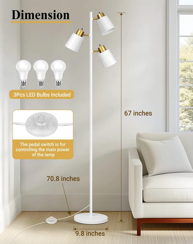 Alt view image 4 of 6 - Tree Floor Lamps for Living Room, 67" Modern Standing Lamp with 3 Lights 3 LED Bulbs Included, 3 Rotatable Light Heads, White Gold, Metal Material, 2700K Stand up Lamps, Tall Lamp for Bedroom Home