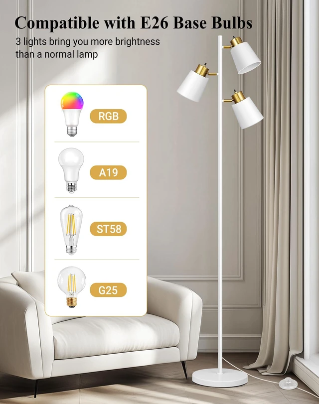 Alt view image 5 of 6 - Tree Floor Lamps for Living Room, 67" Modern Standing Lamp with 3 Lights 3 LED Bulbs Included, 3 Rotatable Light Heads, White Gold, Metal Material, 2700K Stand up Lamps, Tall Lamp for Bedroom Home