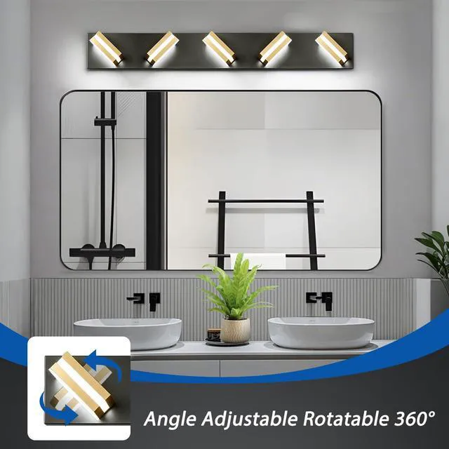 Alt view image 2 of 7 - Bathroom Lights Fixtures Over Mirror, 360°Rotate Modern LED Vanity Lights for Bathroom, 40W Dimmable & High CRI Acrylic Wall Lighting, No Assembly Required (Black Gold, 5-Light, 30 Inch)
