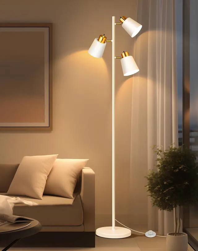 Alt view image 6 of 6 - Tree Floor Lamps for Living Room, 67" Modern Standing Lamp with 3 Lights 3 LED Bulbs Included, 3 Rotatable Light Heads, White Gold, Metal Material, 2700K Stand up Lamps, Tall Lamp for Bedroom Home