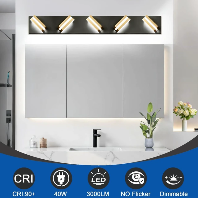 Alt view image 3 of 7 - Bathroom Lights Fixtures Over Mirror, 360°Rotate Modern LED Vanity Lights for Bathroom, 40W Dimmable & High CRI Acrylic Wall Lighting, No Assembly Required (Black Gold, 5-Light, 30 Inch)