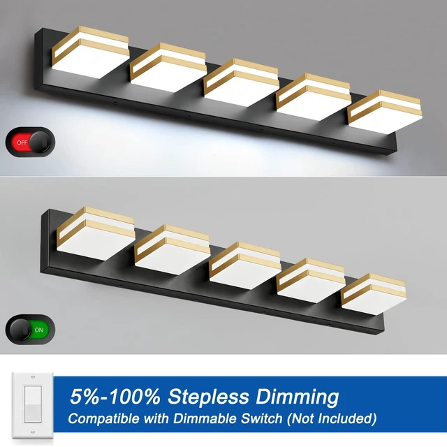 Alt view image 4 of 7 - Bathroom Lights Fixtures Over Mirror, 360°Rotate Modern LED Vanity Lights for Bathroom, 40W Dimmable & High CRI Acrylic Wall Lighting, No Assembly Required (Black Gold, 5-Light, 30 Inch)