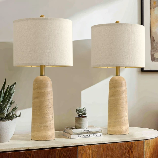 Alt view image 7 of 7 - Modern Table Lamp Set of 2, Warm Beige Resin Lamp with Natural Stone Look, 27.25" Lamps for Living Room with Linen Shades, Bedside Lamp for Bedroom, Living Room, Nightstand, Entryway