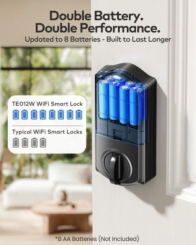 Alt view image 6 of 7 - TE012W WiFi Fingerprint Smart Door Lock for Front Door, Matte Black App Remote Unlock, Fast Fingerprint, ANSI Grade 3 Security, IP55 Waterproof, Low Battery Alert, 2 Backup Keys, Easy Install