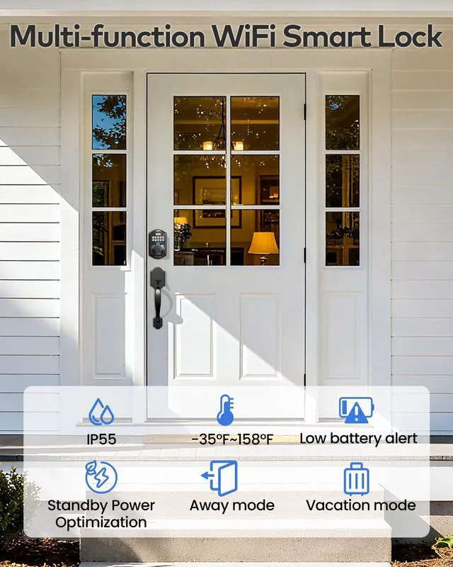 Alt view image 7 of 7 - TE012W WiFi Fingerprint Smart Door Lock for Front Door, Matte Black App Remote Unlock, Fast Fingerprint, ANSI Grade 3 Security, IP55 Waterproof, Low Battery Alert, 2 Backup Keys, Easy Install