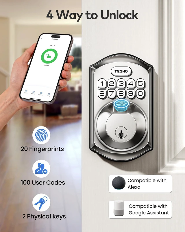 Alt view image 4 of 7 - TE012W WiFi Fingerprint Smart Door Lock for Front Door, Satin Nickle App Remote Unlock, Fast Fingerprint, ANSI Grade 3 Security, IP55 Waterproof, Low Battery Alert, 2 Backup Keys, Easy Install