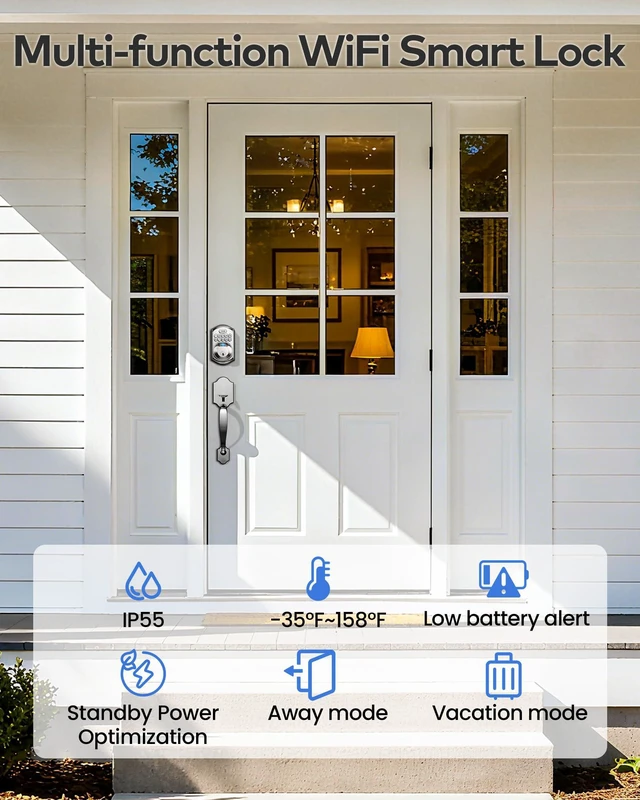 Alt view image 6 of 7 - TE012W WiFi Fingerprint Smart Door Lock for Front Door, Satin Nickle App Remote Unlock, Fast Fingerprint, ANSI Grade 3 Security, IP55 Waterproof, Low Battery Alert, 2 Backup Keys, Easy Install