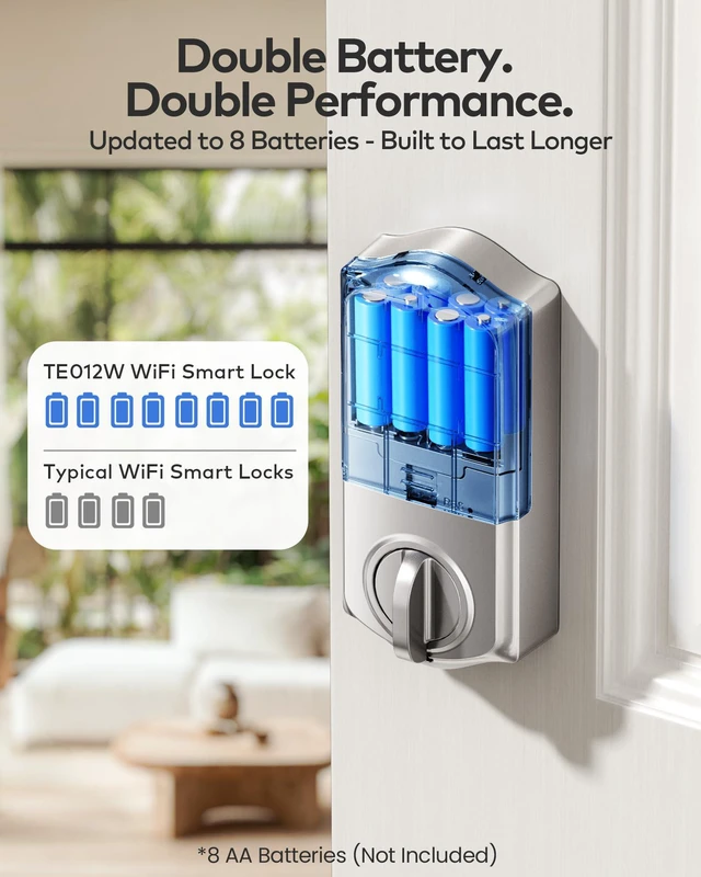 Alt view image 7 of 7 - TE012W WiFi Fingerprint Smart Door Lock for Front Door, Satin Nickle App Remote Unlock, Fast Fingerprint, ANSI Grade 3 Security, IP55 Waterproof, Low Battery Alert, 2 Backup Keys, Easy Install