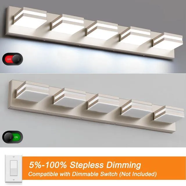 Alt view image 4 of 7 - Bathroom Lights Fixtures Over Mirror, 360°Rotate Modern LED Vanity Lights for Bathroom, 40W Dimmable & High CRI Acrylic Wall Lighting, No Assembly Required (Brushed Nickel, 5-Light, 30 Inch)
