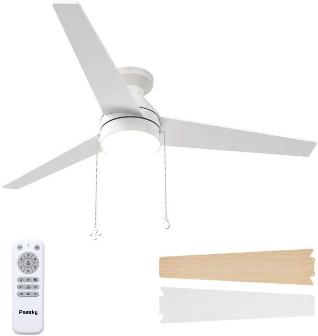 Main image of 52 Inch White Low Profile Ceiling Fan with Light, Pull Chain&Remote Flush mount, pull chain, remote, 3-color dimmable light, quiet reversible DC motor, easy install, memory, timer, bedrooms