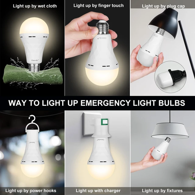 Alt view image 4 of 7 - Emergency Rechargeable Light Bulbs 10 Pack A21 3000K Warm 9W E26 E27 Battery Powered Bulb Auto-On During Power Outage, Hurricane Camping,with hook,plug caps and socket