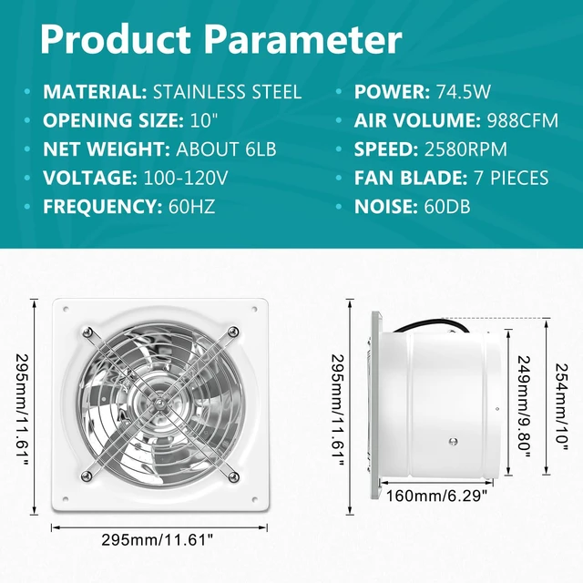 Alt view image 2 of 7 - 10 Inch Exhaust Fan, Kitchen Exhaust Fan With Switch 988 CFM Wall Mounted, Extractor Ventilation Fan For Attic, Greenhouse, Basement, Shed