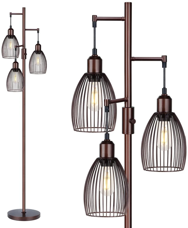 Main image of Dimmable Floor Lamp, Industrial Floor Lamps for Living Room, Brown Tree Lamp Standing Lamp Tall Lamps with 3 Elegant Teardrop Cage Head & 800 Lumens LED Bulbs for Living Room Bedroom Office