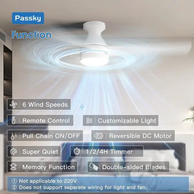 Alt view image 2 of 7 - 52 Inch White Low Profile Ceiling Fan with Light, Pull Chain&Remote Flush mount, pull chain, remote, 3-color dimmable light, quiet reversible DC motor, easy install, memory, timer, bedrooms