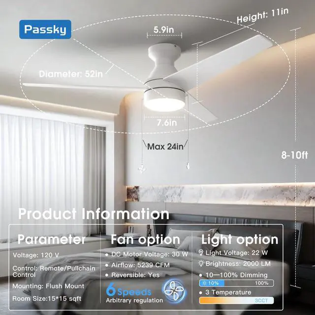 Alt view image 3 of 7 - 52 Inch White Low Profile Ceiling Fan with Light, Pull Chain&Remote Flush mount, pull chain, remote, 3-color dimmable light, quiet reversible DC motor, easy install, memory, timer, bedrooms