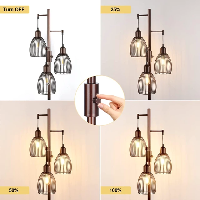Alt view image 3 of 7 - Dimmable Floor Lamp, Industrial Floor Lamps for Living Room, Brown Tree Lamp Standing Lamp Tall Lamps with 3 Elegant Teardrop Cage Head & 800 Lumens LED Bulbs for Living Room Bedroom Office