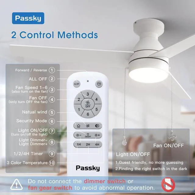 Alt view image 4 of 7 - 52 Inch White Low Profile Ceiling Fan with Light, Pull Chain&Remote Flush mount, pull chain, remote, 3-color dimmable light, quiet reversible DC motor, easy install, memory, timer, bedrooms