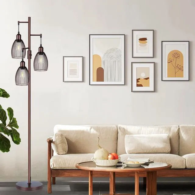 Alt view image 4 of 7 - Dimmable Floor Lamp, Industrial Floor Lamps for Living Room, Brown Tree Lamp Standing Lamp Tall Lamps with 3 Elegant Teardrop Cage Head & 800 Lumens LED Bulbs for Living Room Bedroom Office