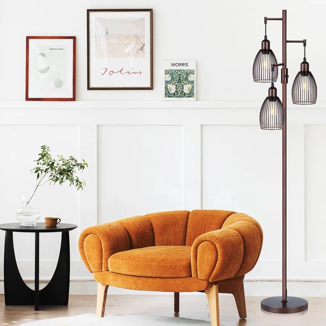 Alt view image 5 of 7 - Dimmable Floor Lamp, Industrial Floor Lamps for Living Room, Brown Tree Lamp Standing Lamp Tall Lamps with 3 Elegant Teardrop Cage Head & 800 Lumens LED Bulbs for Living Room Bedroom Office