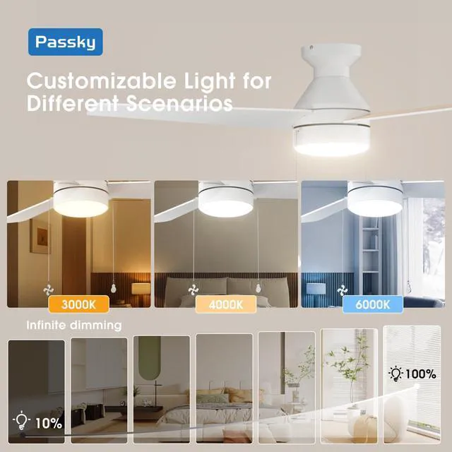 Alt view image 7 of 7 - 52 Inch White Low Profile Ceiling Fan with Light, Pull Chain&Remote Flush mount, pull chain, remote, 3-color dimmable light, quiet reversible DC motor, easy install, memory, timer, bedrooms