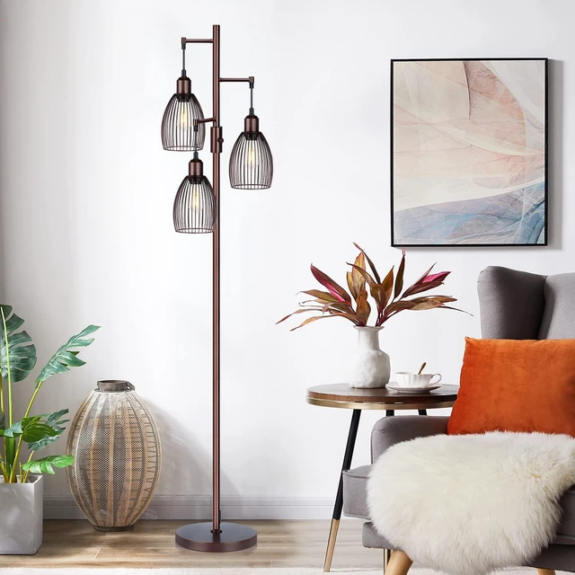 Alt view image 6 of 7 - Dimmable Floor Lamp, Industrial Floor Lamps for Living Room, Brown Tree Lamp Standing Lamp Tall Lamps with 3 Elegant Teardrop Cage Head & 800 Lumens LED Bulbs for Living Room Bedroom Office