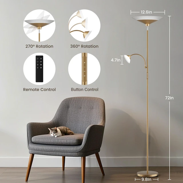 Alt view image 2 of 7 - Gold Torchiere Floor Lamp - 2 Way LED Standing Lamp with Reading Light, Dimmable 72'' Tall Lamp with Remote Color Changing, 34W Mordern Uplighter for Living Room Bedroom Office
