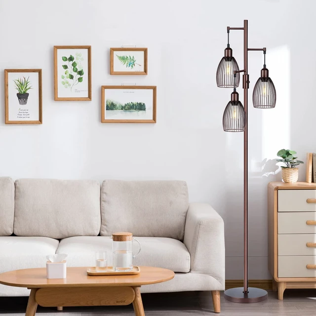 Alt view image 7 of 7 - Dimmable Floor Lamp, Industrial Floor Lamps for Living Room, Brown Tree Lamp Standing Lamp Tall Lamps with 3 Elegant Teardrop Cage Head & 800 Lumens LED Bulbs for Living Room Bedroom Office