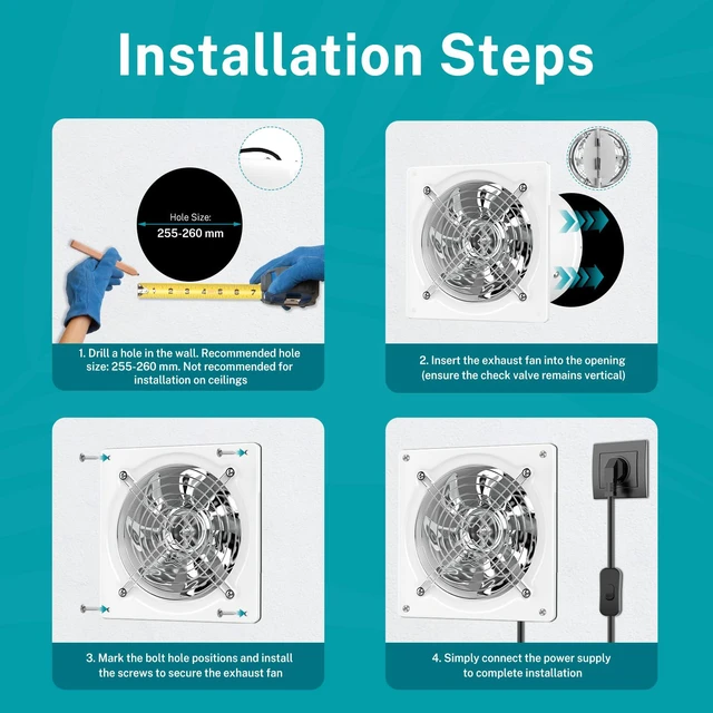 Alt view image 7 of 7 - 10 Inch Exhaust Fan, Kitchen Exhaust Fan With Switch 988 CFM Wall Mounted, Extractor Ventilation Fan For Attic, Greenhouse, Basement, Shed