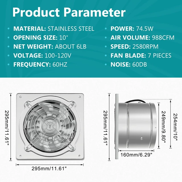 Alt view image 2 of 7 - 10 Inch Metal Exhaust Fan with Switch, 988 CFM Powerful Garage Exhaust Fan with Damper, Potable Wall Mount Fan Fume Extractor Ventilation Fan for Shop, Shed, Basement, Chicken Coop, Silver