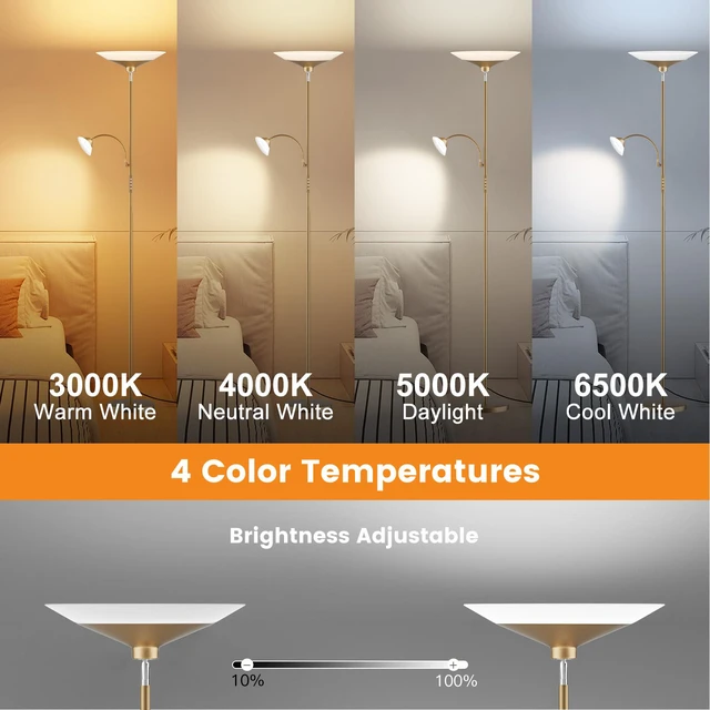 Alt view image 3 of 7 - Gold Torchiere Floor Lamp - 2 Way LED Standing Lamp with Reading Light, Dimmable 72'' Tall Lamp with Remote Color Changing, 34W Mordern Uplighter for Living Room Bedroom Office