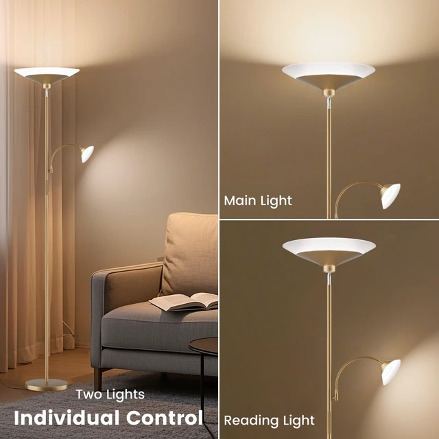Alt view image 5 of 7 - Gold Torchiere Floor Lamp - 2 Way LED Standing Lamp with Reading Light, Dimmable 72'' Tall Lamp with Remote Color Changing, 34W Mordern Uplighter for Living Room Bedroom Office