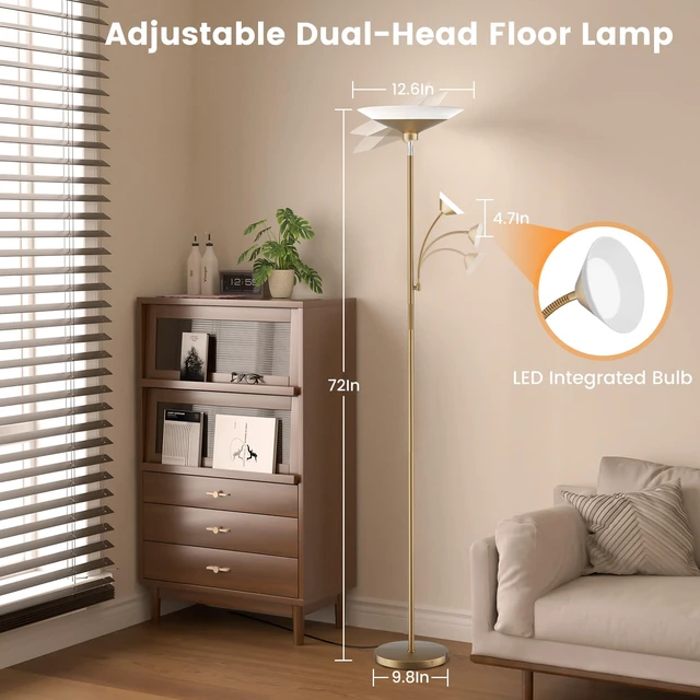Alt view image 6 of 7 - Gold Torchiere Floor Lamp - 2 Way LED Standing Lamp with Reading Light, Dimmable 72'' Tall Lamp with Remote Color Changing, 34W Mordern Uplighter for Living Room Bedroom Office