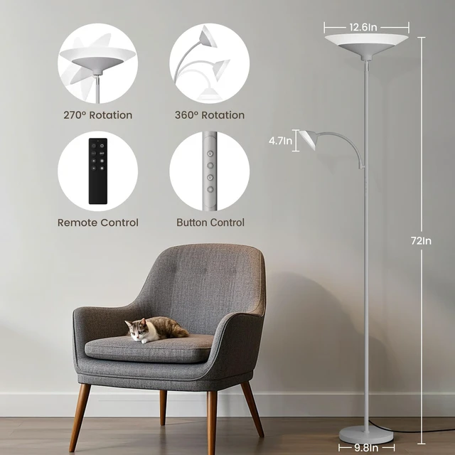 Alt view image 2 of 7 - Sliver Gray Torchiere Floor Lamp with Reading Light, 4 Color Temperatures, Dimmable & Individual Light Control Standing Lamp, 34W Bright Tall Lamp with Remote for Living Room Bedroom Office