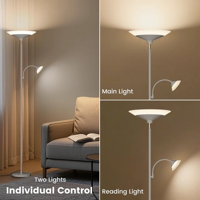 Alt view image 4 of 7 - Sliver Gray Torchiere Floor Lamp with Reading Light, 4 Color Temperatures, Dimmable & Individual Light Control Standing Lamp, 34W Bright Tall Lamp with Remote for Living Room Bedroom Office