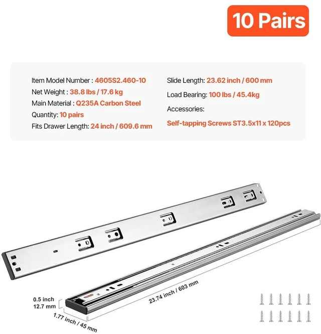 Alt view image 7 of 7 - 10 Pairs 24 Inch Soft Close Drawer Slides 14 16 18 20 22 24 Inch Heavy Duty Side Mount Rails,Ball Bearing Full Extension Noiseless Dresser Drawer Slides, 100 Lbs Load Capacity