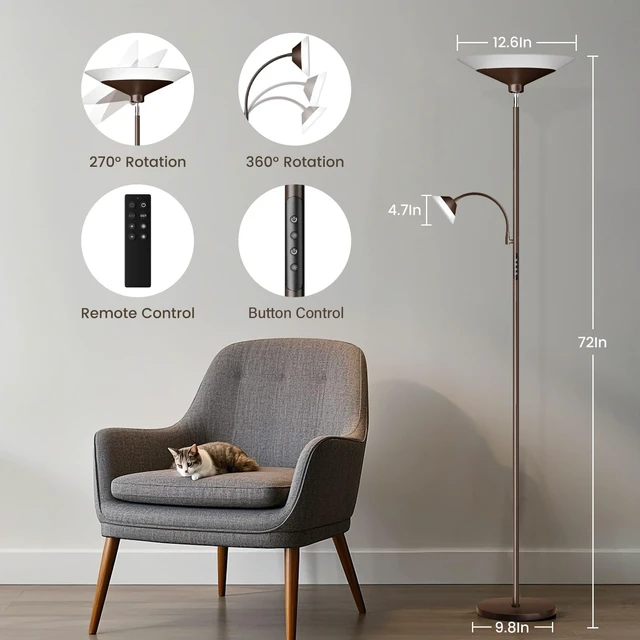 Alt view image 2 of 7 - Brown Torchiere LED Floor Lamp - 72" Rotating Standing Lamp with Remote, 34W Dimmable Floor Light with Color Changing, Tall Bright Corner Lamp for Reading Living Room Bedroom Office