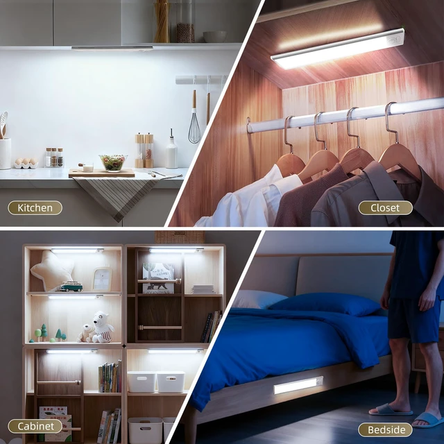 Alt view image 5 of 7 - 16 inch Dimmable Under Cabinet Lighting, 68 LED Rechargeable Battery Motion Sensor Light Indoor, Stick On Magnetic Closet Lights, Under Counter Lights for Kitchen, Stairs, White Light 5 Pack